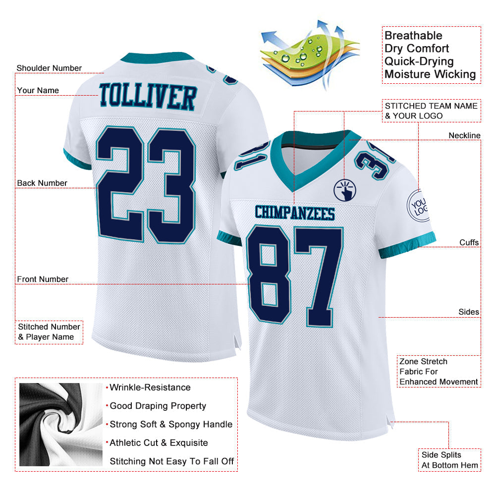 Custom White Navy Gray-Teal Mesh Authentic Football Jersey - Sky-Custom