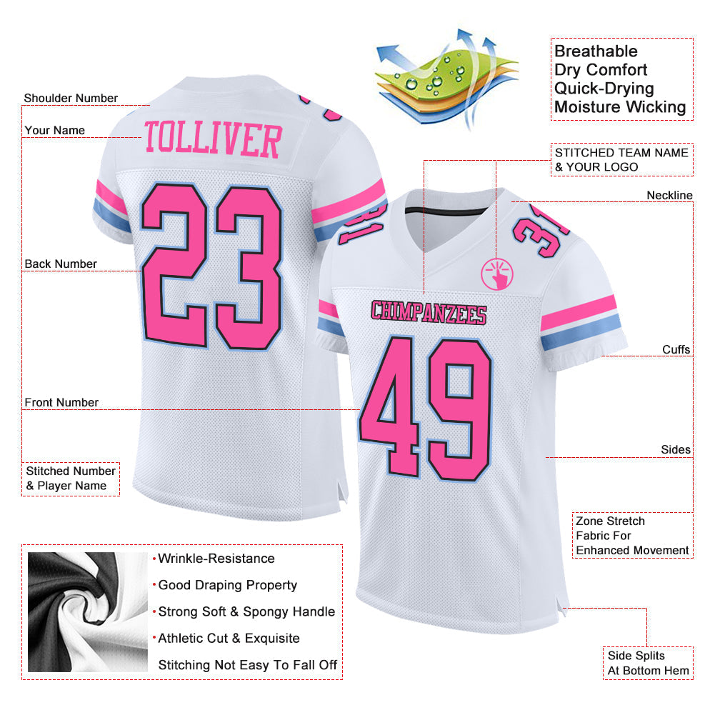 Custom White Pink Black-Light Blue Mesh Authentic Football Jersey - Sky-Custom