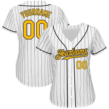 Custom White Black Pinstripe Gold Authentic Baseball Jersey - Sky-Custom