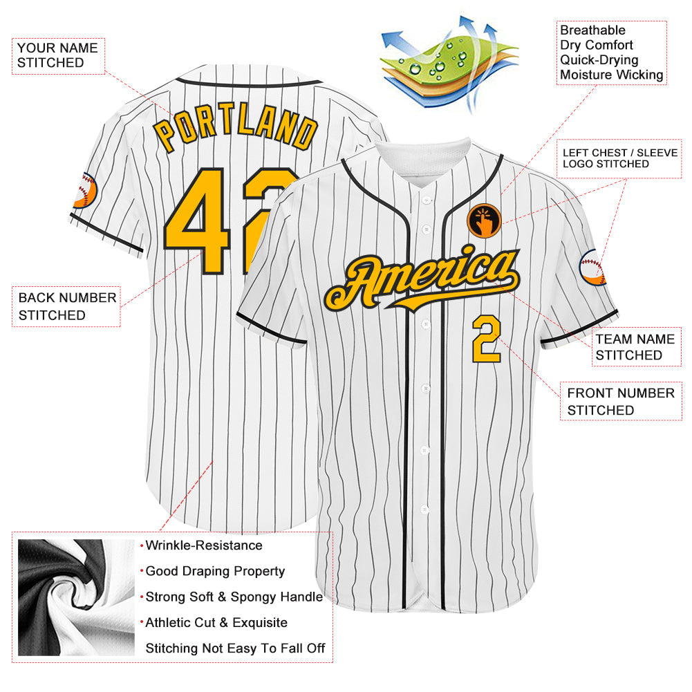 Custom White Black Pinstripe Gold Authentic Baseball Jersey - Sky-Custom