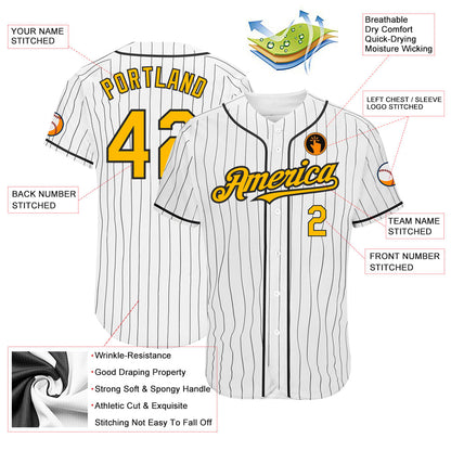 Custom White Black Pinstripe Gold Authentic Baseball Jersey - Sky-Custom