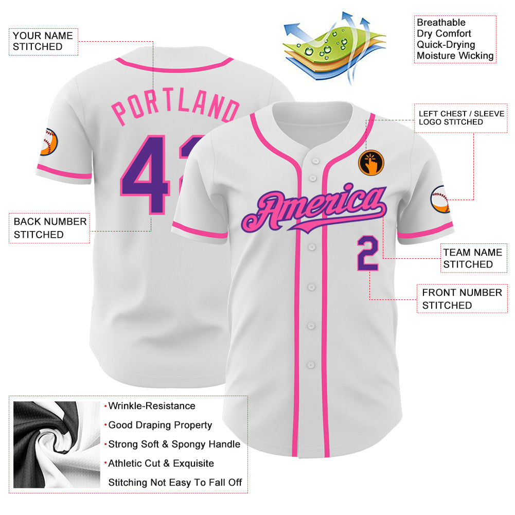 Custom White Purple-Pink Authentic Baseball Jersey - Sky-Custom