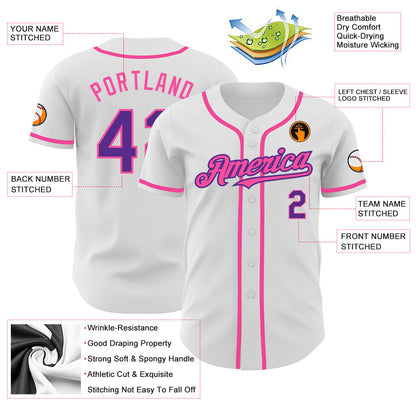 Custom White Purple-Pink Authentic Baseball Jersey - Sky-Custom