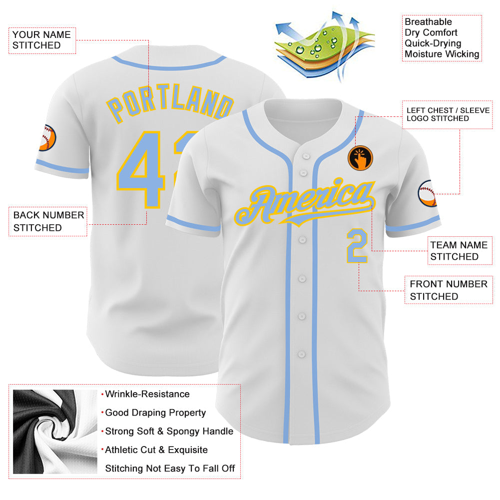 Custom White Light Blue-Yellow Authentic Baseball Jersey - Sky-Custom