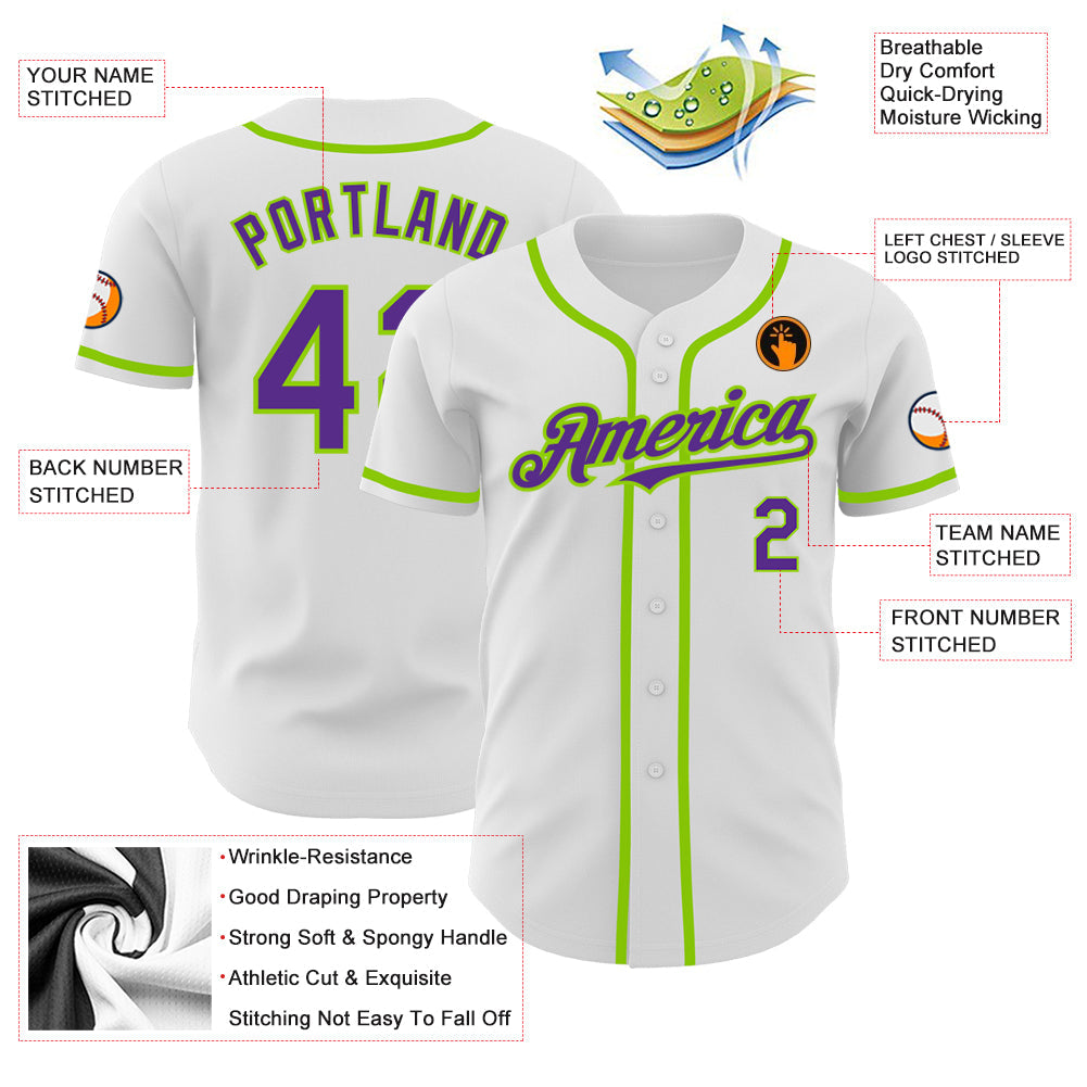Custom White Purple-Neon Green Authentic Baseball Jersey - Sky-Custom