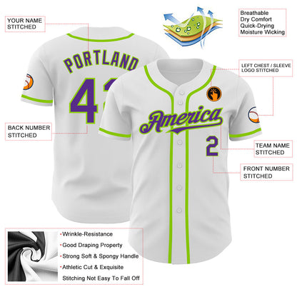 Custom White Purple-Neon Green Authentic Baseball Jersey - Sky-Custom