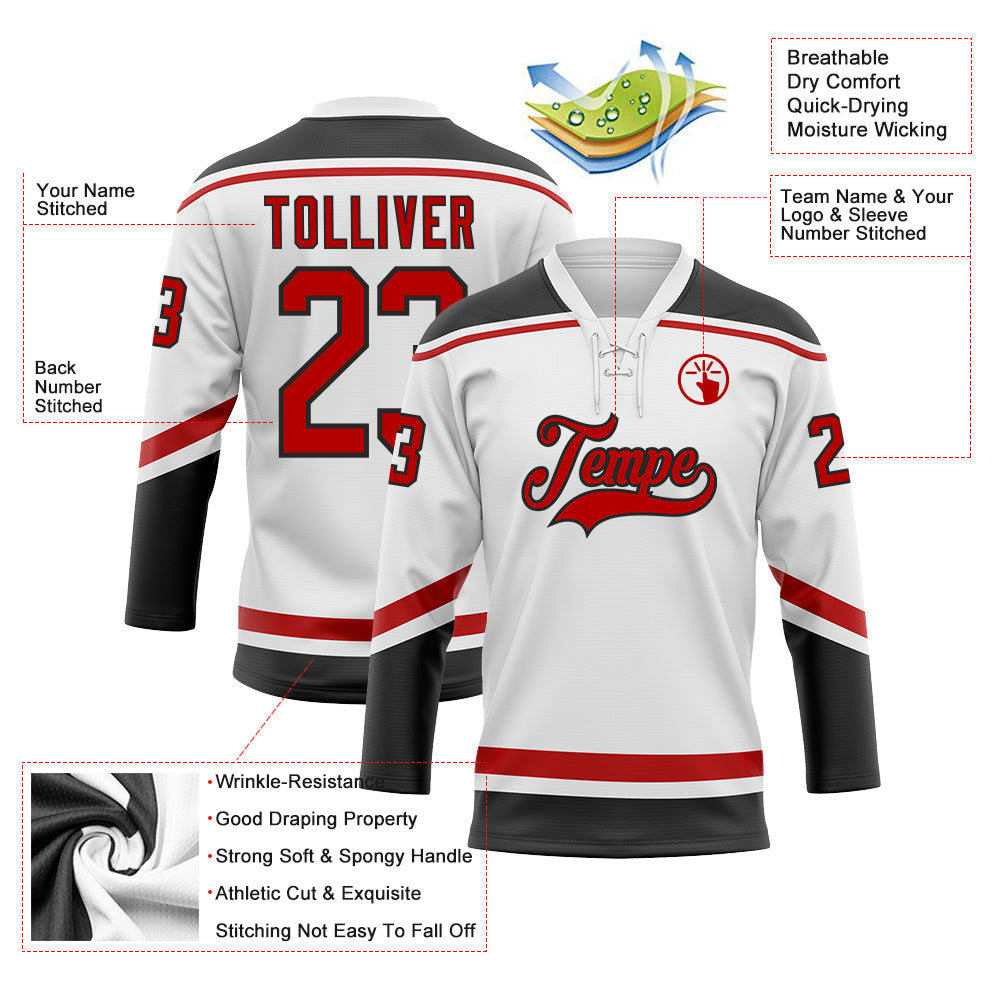 Custom White Red-Black Hockey Lace Neck Jersey - Sky-Custom