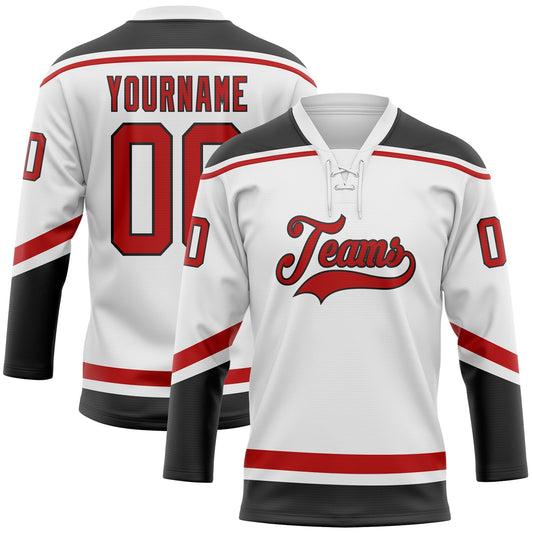 Custom White Red-Black Hockey Lace Neck Jersey - Sky-Custom