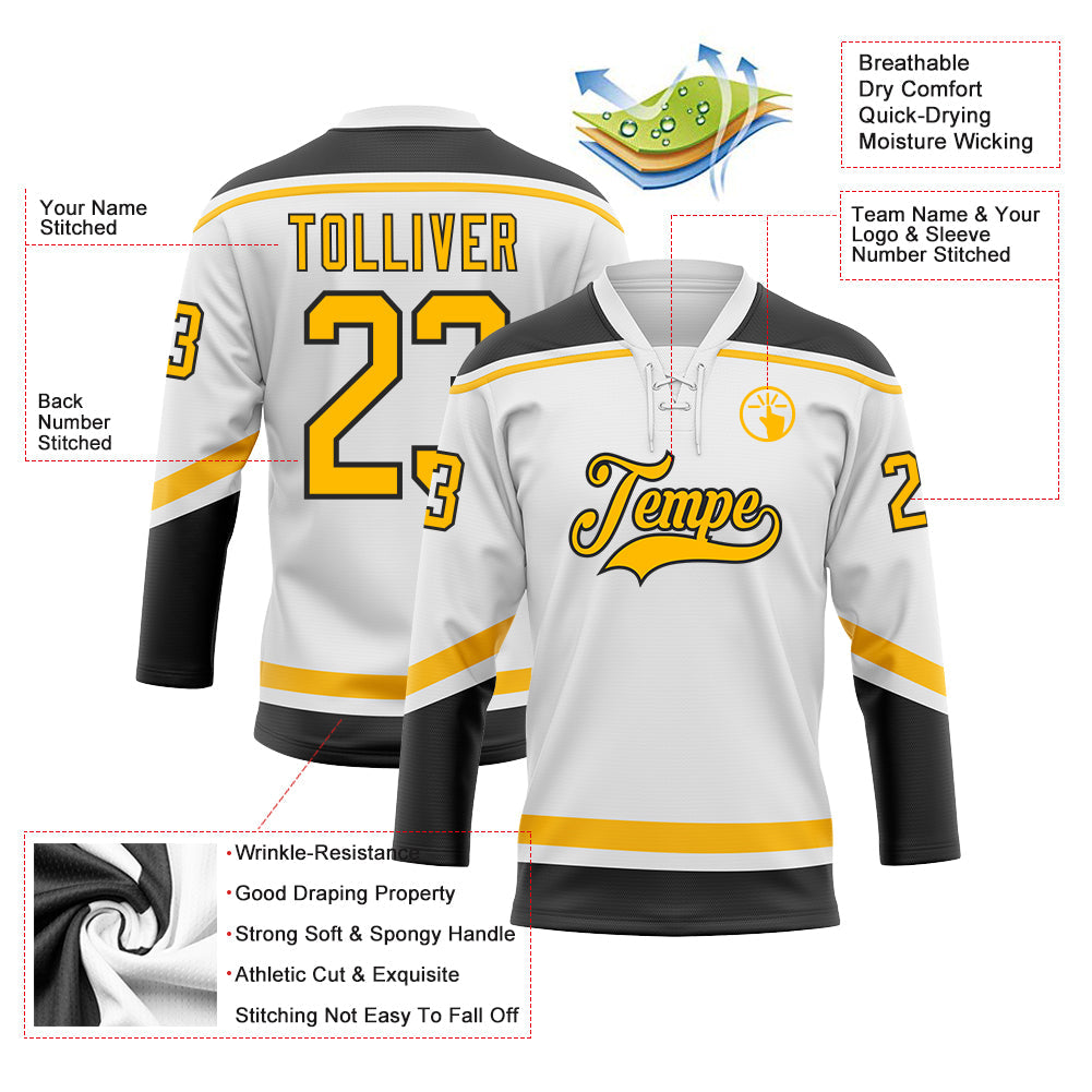 Custom White Gold-Black Hockey Lace Neck Jersey - Sky-Custom
