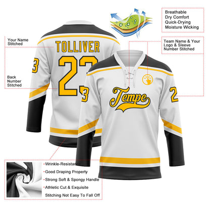 Custom White Gold-Black Hockey Lace Neck Jersey - Sky-Custom