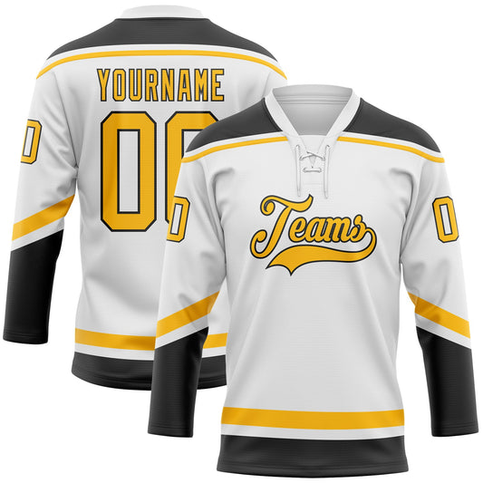 Custom White Gold-Black Hockey Lace Neck Jersey - Sky-Custom