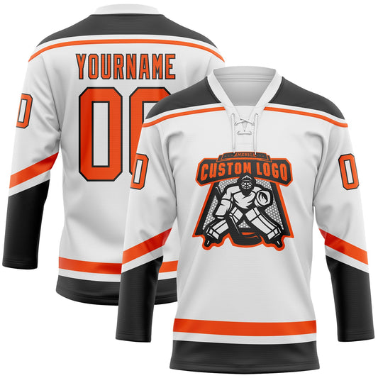 Custom White Orange-Black Hockey Lace Neck Jersey - Sky-Custom