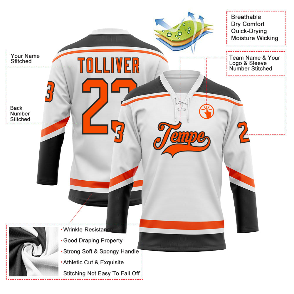 Custom White Orange-Black Hockey Lace Neck Jersey - Sky-Custom