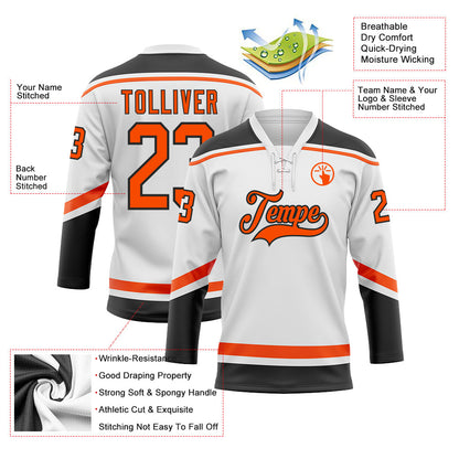 Custom White Orange-Black Hockey Lace Neck Jersey - Sky-Custom