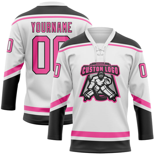 Custom White Pink-Black Hockey Lace Neck Jersey - Sky-Custom