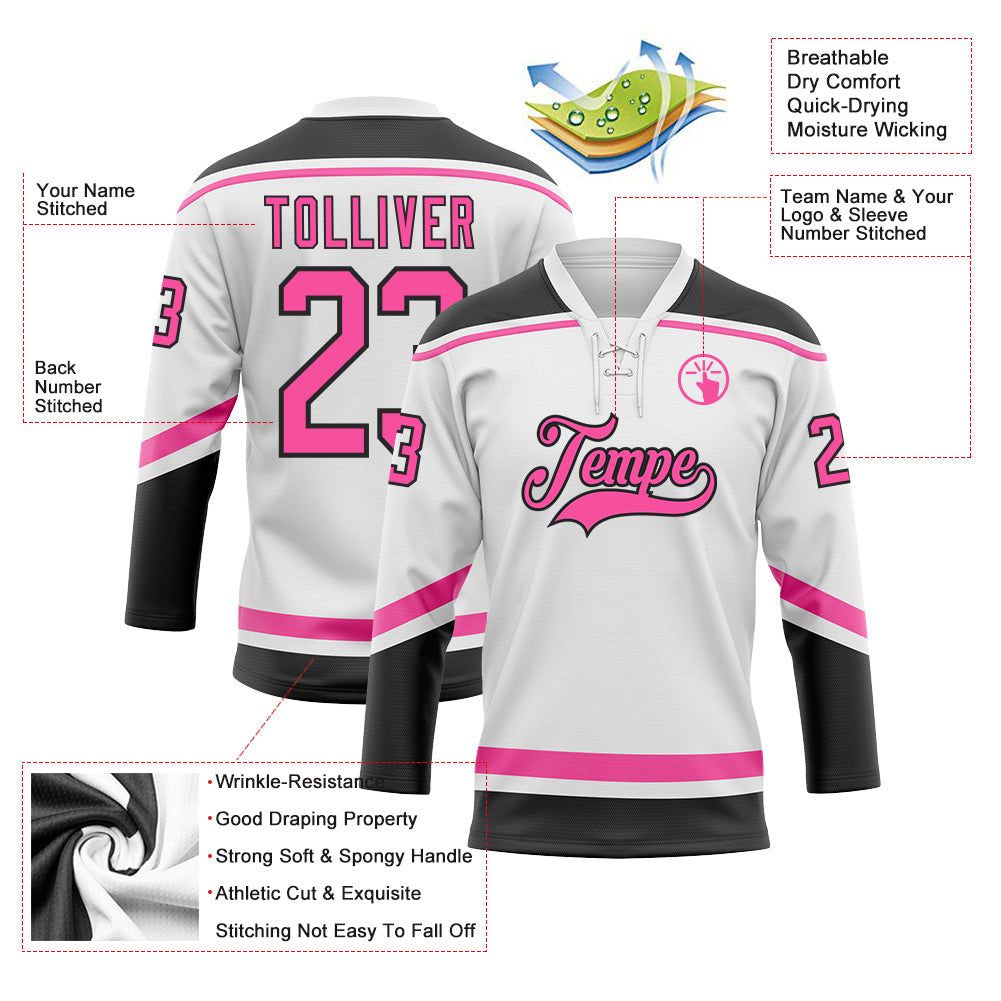 Custom White Pink-Black Hockey Lace Neck Jersey - Sky-Custom