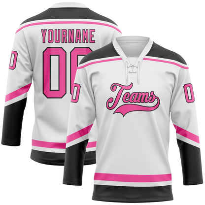 Custom White Pink-Black Hockey Lace Neck Jersey - Sky-Custom