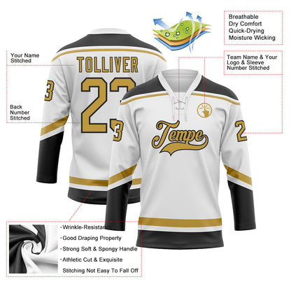 Custom White Old Gold-Black Hockey Lace Neck Jersey - Sky-Custom