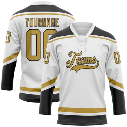 Custom White Old Gold-Black Hockey Lace Neck Jersey - Sky-Custom