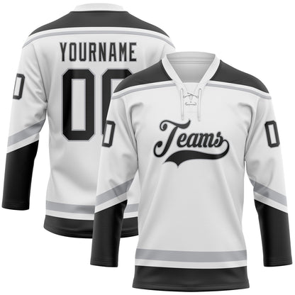 Custom White Black-Gray Hockey Lace Neck Jersey - Sky-Custom