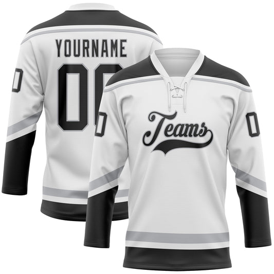 Custom White Black-Gray Hockey Lace Neck Jersey - Sky-Custom