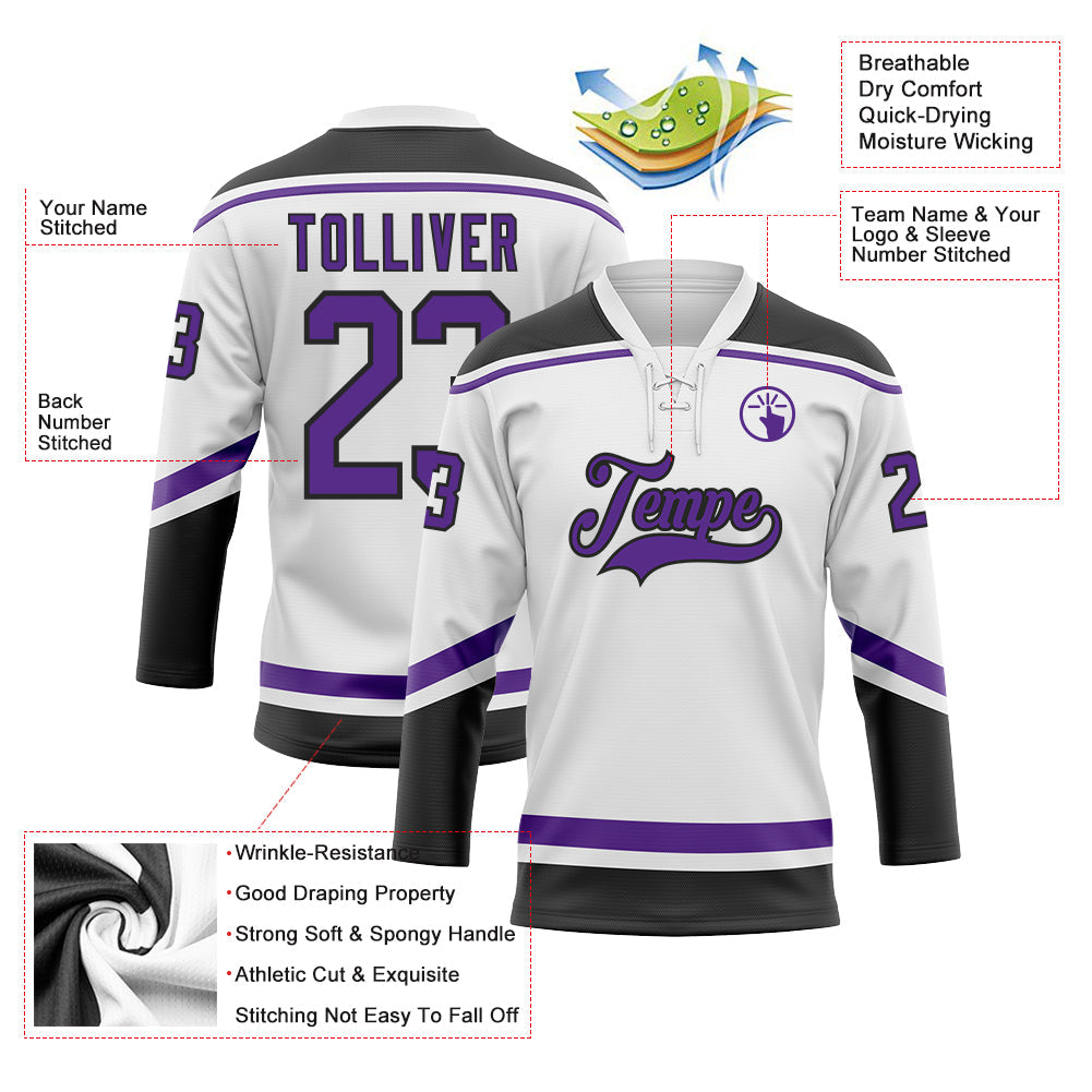 Custom White Purple-Black Hockey Lace Neck Jersey - Sky-Custom