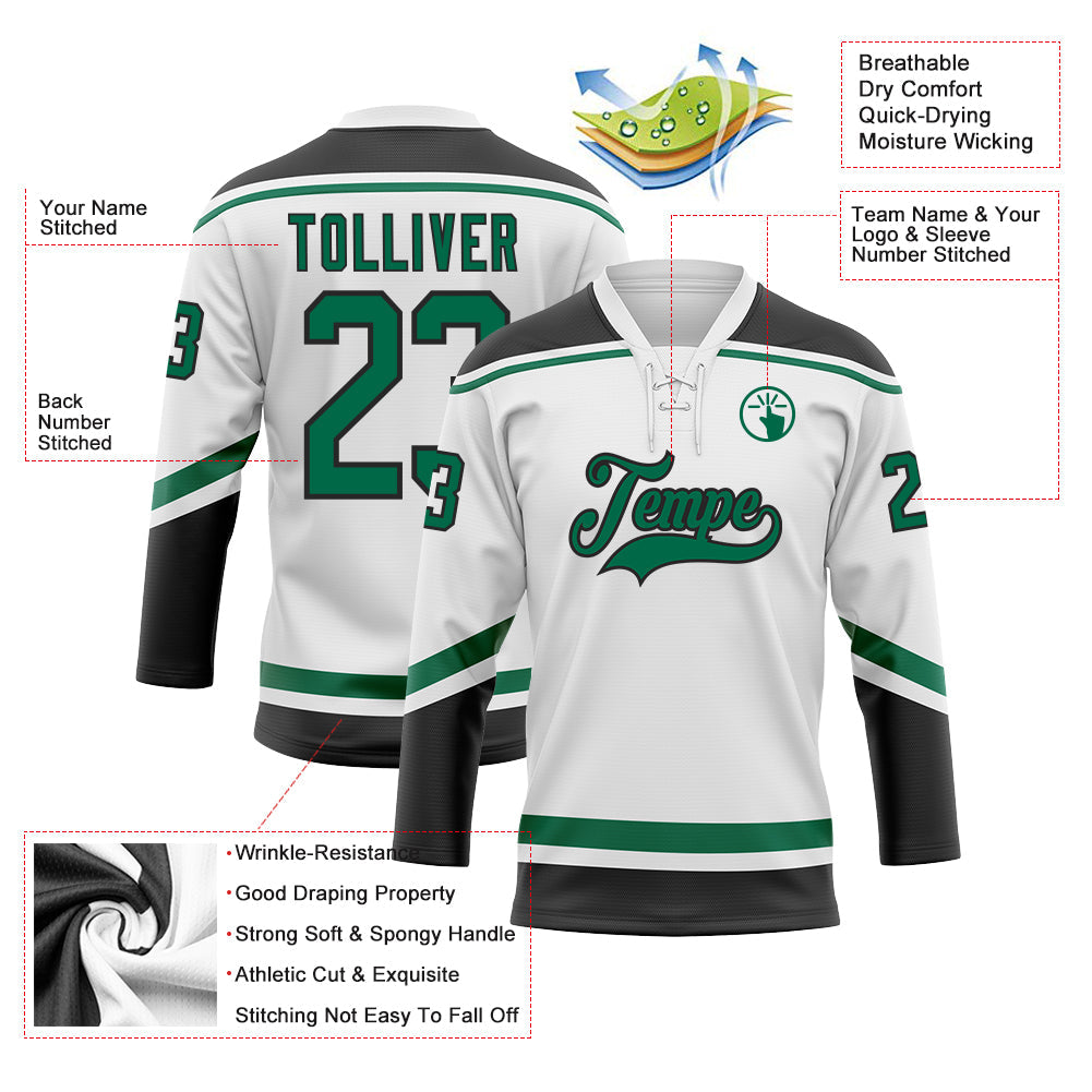 Custom White Kelly Green-Black Hockey Lace Neck Jersey - Sky-Custom
