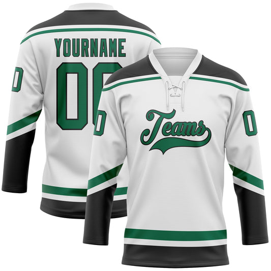 Custom White Kelly Green-Black Hockey Lace Neck Jersey - Sky-Custom