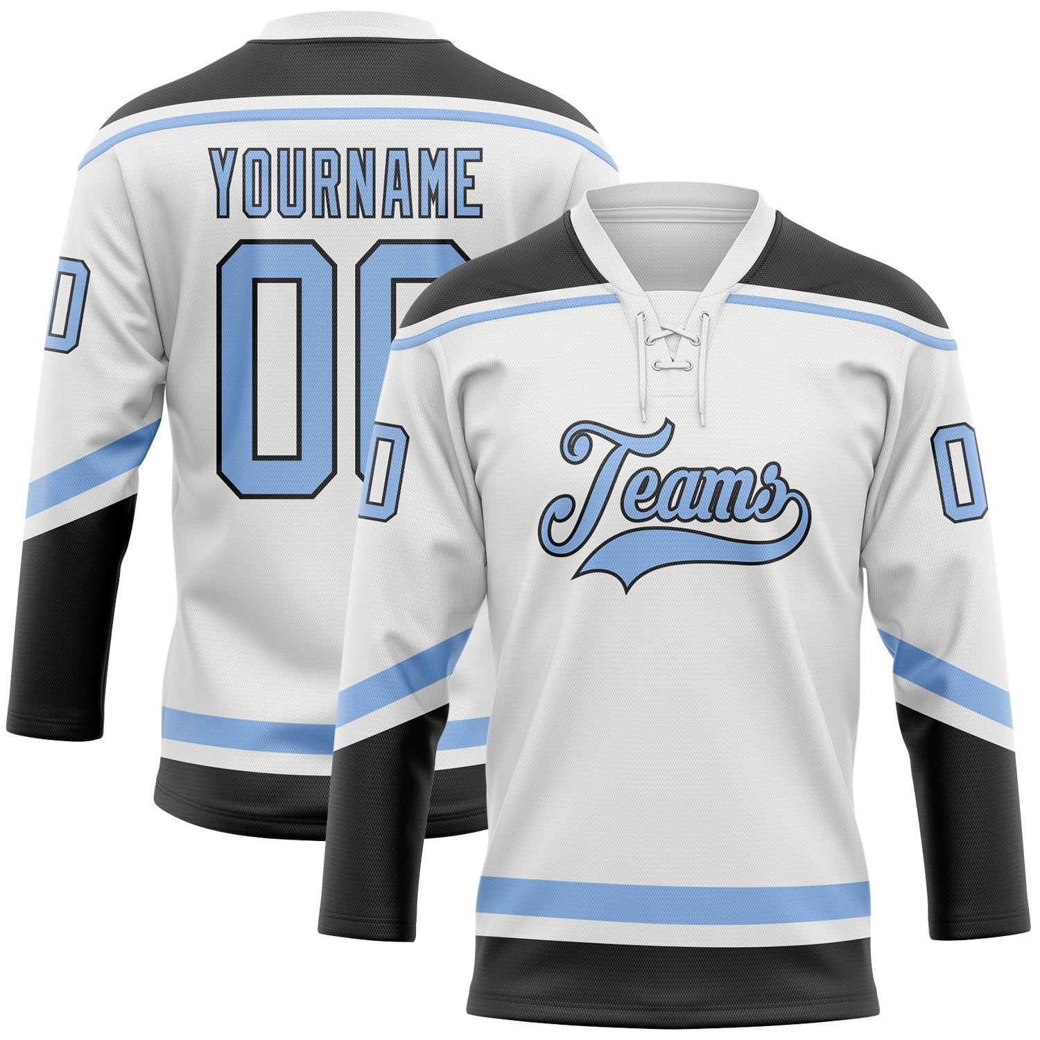 Custom White Light Blue-Black Hockey Lace Neck Jersey - Sky-Custom