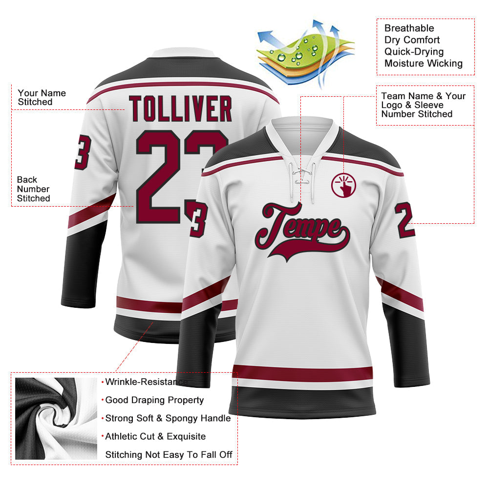 Custom White Maroon-Black Hockey Lace Neck Jersey - Sky-Custom