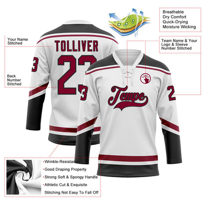 Custom White Maroon-Black Hockey Lace Neck Jersey - Sky-Custom