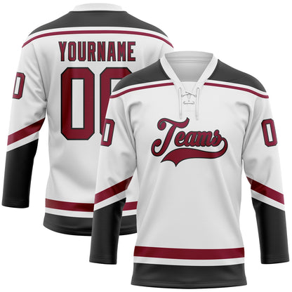 Custom White Maroon-Black Hockey Lace Neck Jersey - Sky-Custom