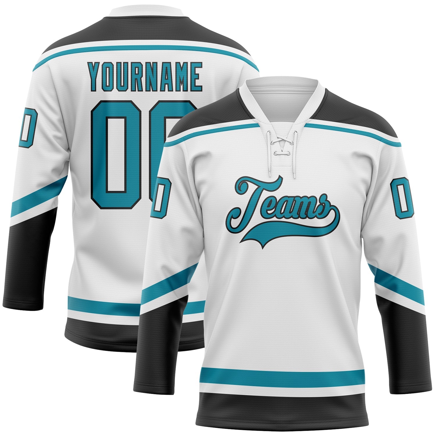 Custom White Teal-Black Hockey Lace Neck Jersey - Sky-Custom
