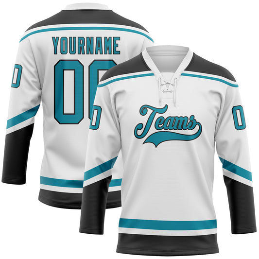 Custom White Teal-Black Hockey Lace Neck Jersey - Sky-Custom