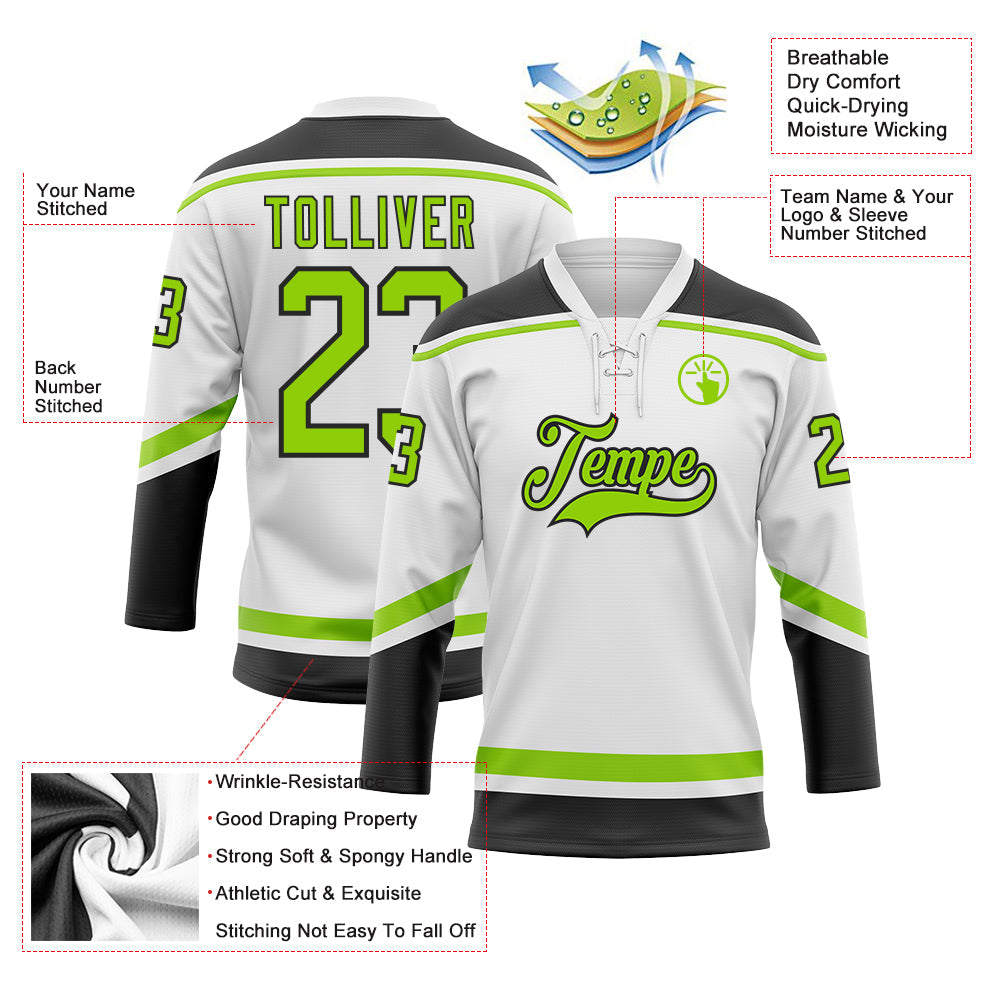 Custom White Neon Green-Black Hockey Lace Neck Jersey - Sky-Custom