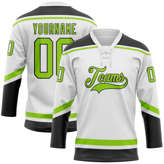 Custom White Neon Green-Black Hockey Lace Neck Jersey - Sky-Custom