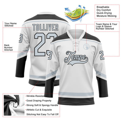 Custom White Silver-Black Hockey Lace Neck Jersey - Sky-Custom
