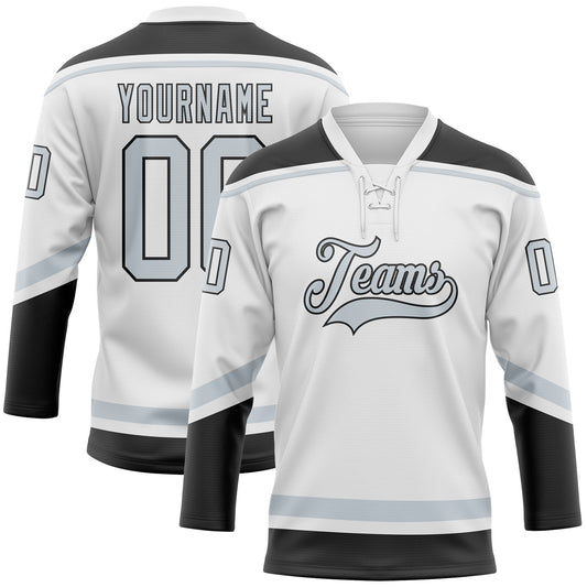 Custom White Silver-Black Hockey Lace Neck Jersey - Sky-Custom