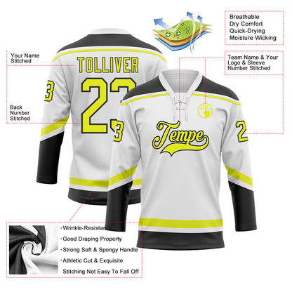 Custom White Neon Yellow-Black Hockey Lace Neck Jersey - Sky-Custom