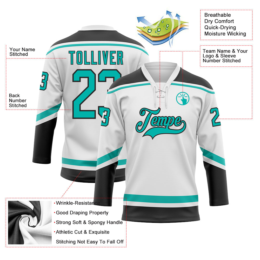 Custom White Aqua-Black Hockey Lace Neck Jersey - Sky-Custom