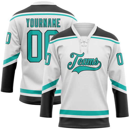 Custom White Aqua-Black Hockey Lace Neck Jersey - Sky-Custom