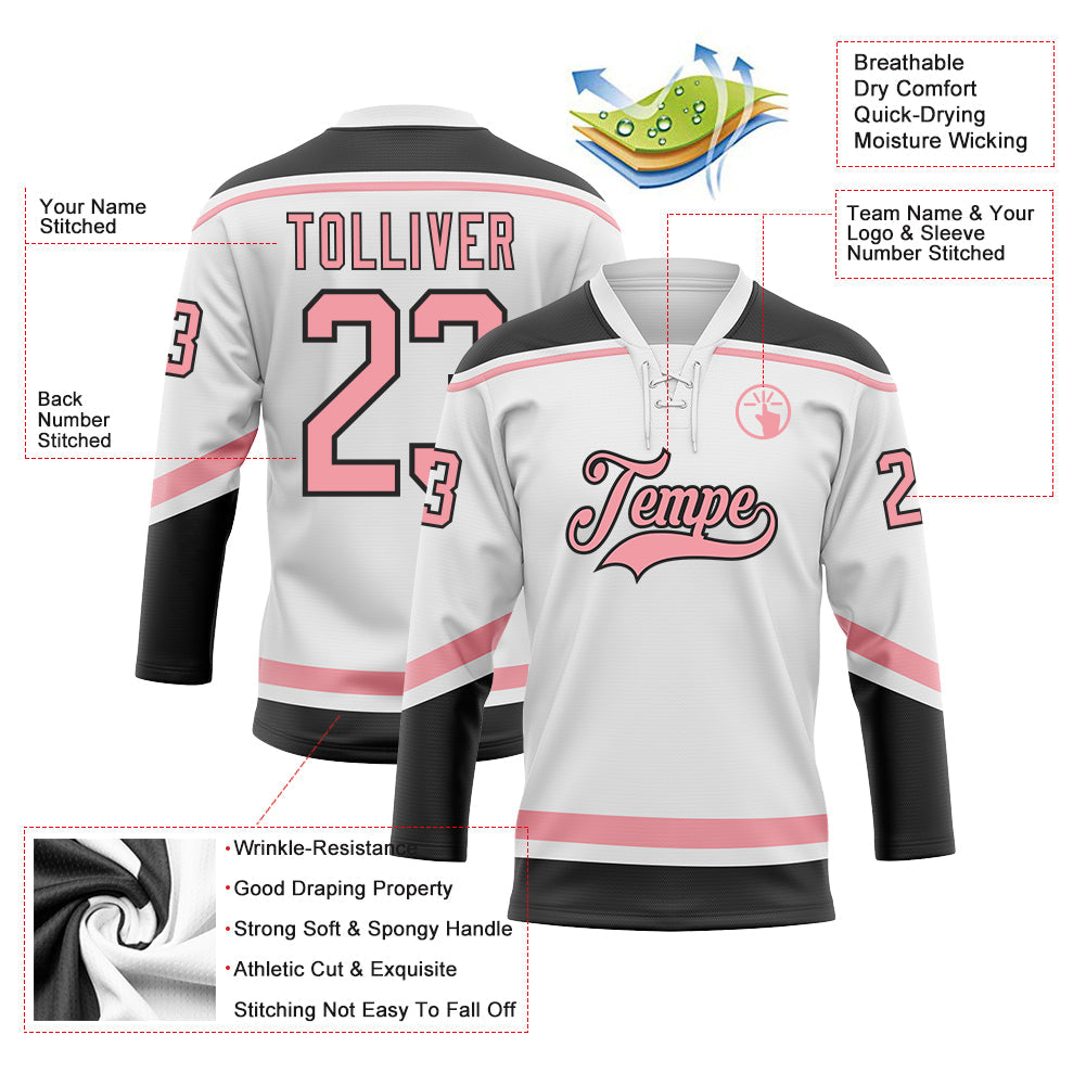 Custom White Medium Pink-Black Hockey Lace Neck Jersey - Sky-Custom