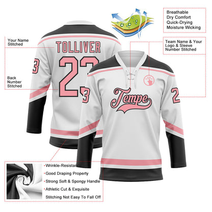 Custom White Medium Pink-Black Hockey Lace Neck Jersey - Sky-Custom