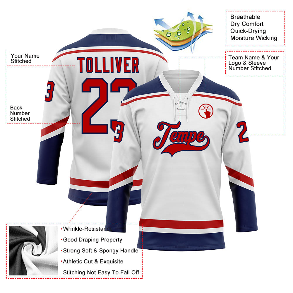 Custom White Red-Navy Hockey Lace Neck Jersey - Sky-Custom