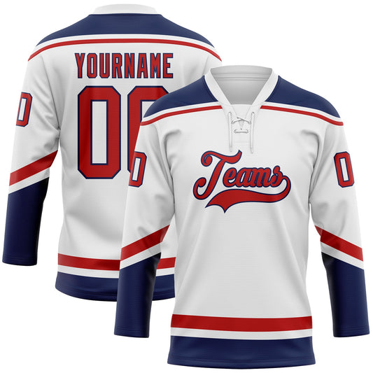 Custom White Red-Navy Hockey Lace Neck Jersey - Sky-Custom