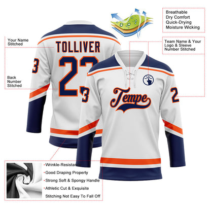 Custom White Navy-Orange Hockey Lace Neck Jersey - Sky-Custom