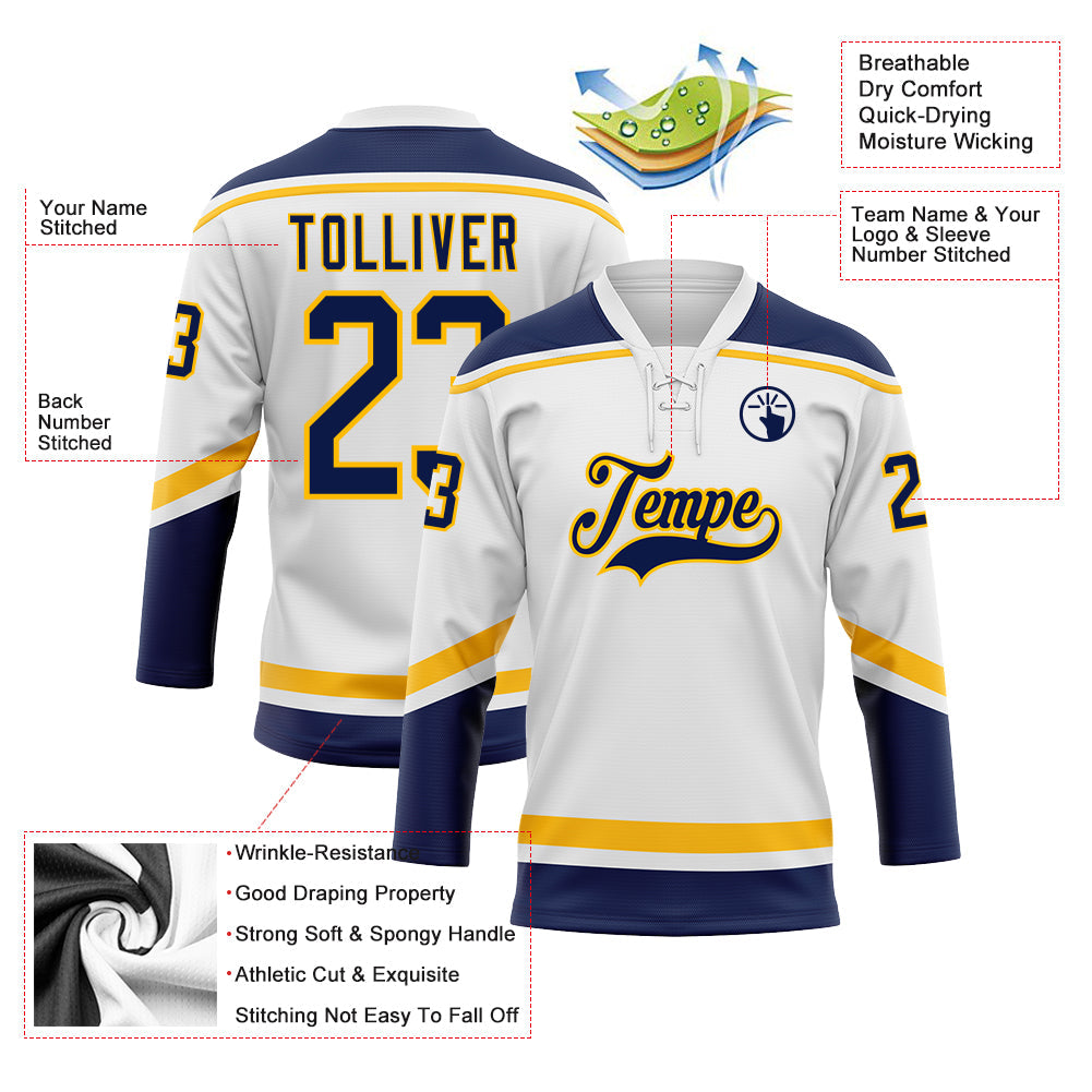 Custom White Navy-Gold Hockey Lace Neck Jersey - Sky-Custom