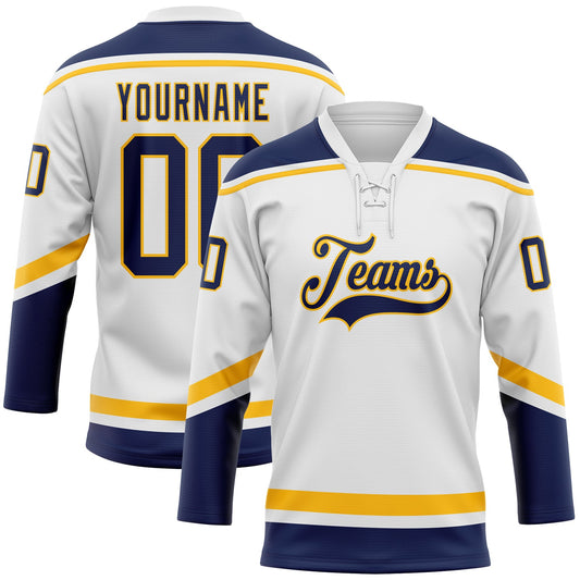 Custom White Navy-Gold Hockey Lace Neck Jersey - Sky-Custom