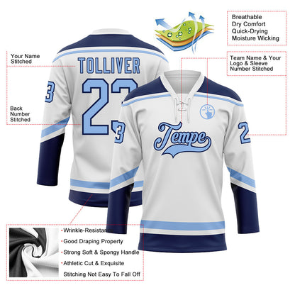 Custom White Light Blue-Navy Hockey Lace Neck Jersey - Sky-Custom