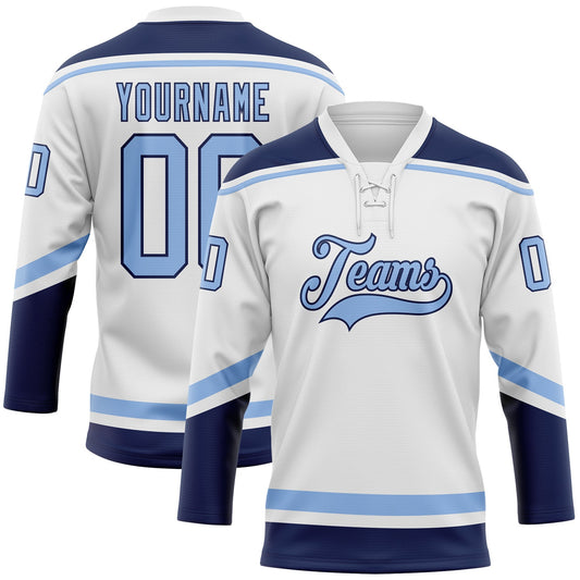 Custom White Light Blue-Navy Hockey Lace Neck Jersey - Sky-Custom